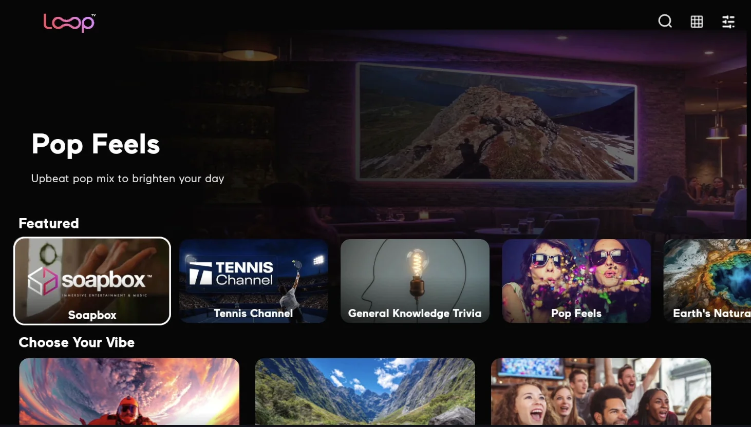 The Loop TV home screen showing featured channels