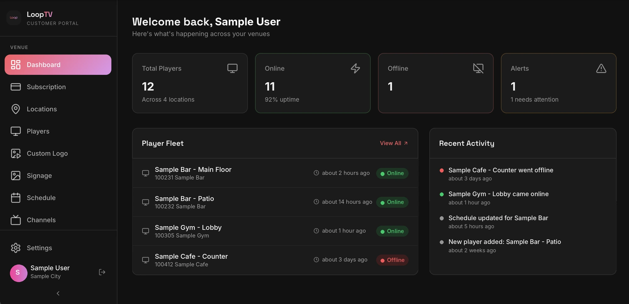 The MyLoop customer portal dashboard showing player status, online and offline counts, and a fleet list, with sample data
